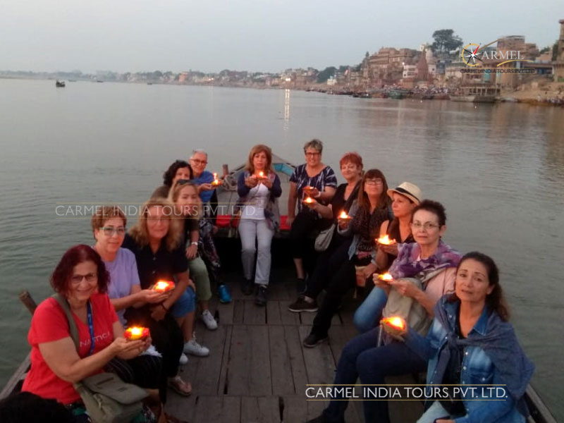 Group at Varanasi enjoying boat ride and arti